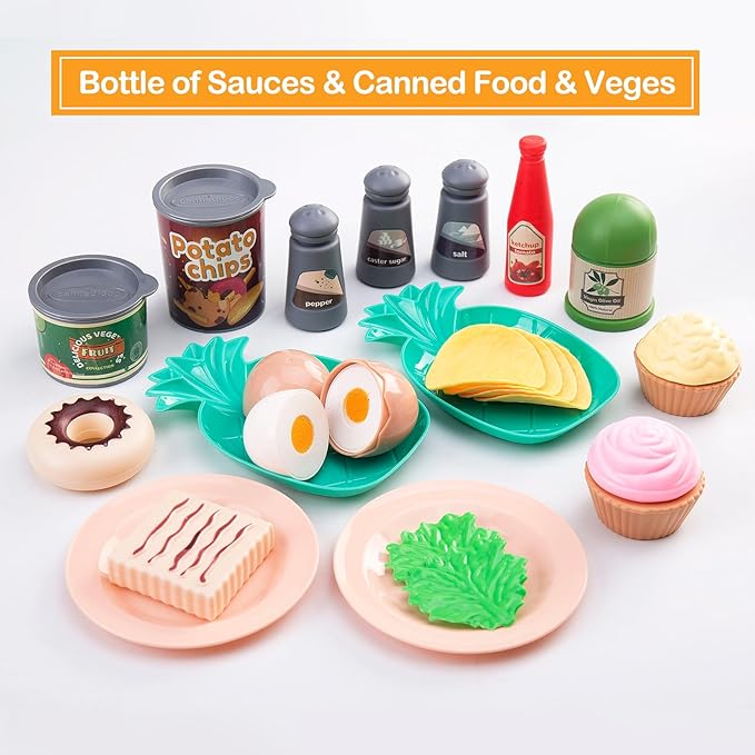 80Pcs Kitchen Playset, Toddler Pretend Cooking with Pots, Pans, Cookware, Food, Picnic Blanket, Fruits, Veges, Shopping Storage Basket, Dessert, Learning Gift for Girls Boys (White)