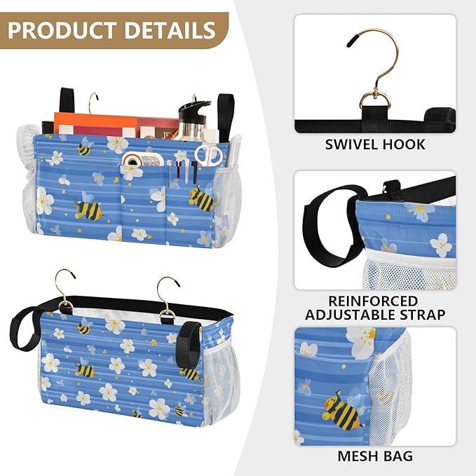 Blue Striped Sakura Bees Bedside Caddy for Dorm Bed Bedside Hanging Caddy Bag Iron Frame Storage Organizer Pocket for Bunk Home College Hospital Beds 2 Hooks