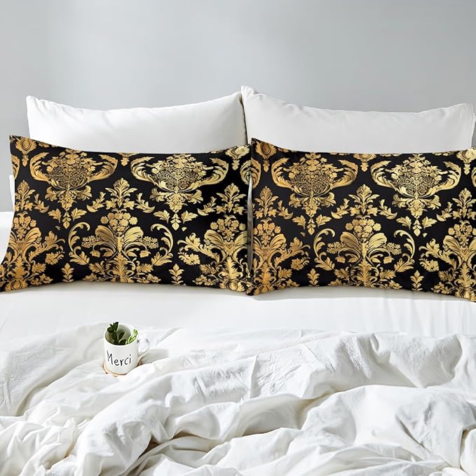 Feelyou Gold Black Vintage Floral Bedding Set Queen Size Gothic Bohemia Boho Flower Duvet Cover Set for Kids Adult Oriental Antique Comforter Cover Luxury Quilt Cover for Bedroom Decor,No Comforter