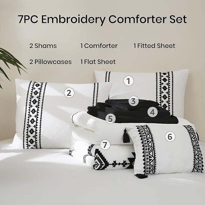 MaiRêve Embroidery Comforter Set, Boho Farmhouse Western Bedding Set, All Season Bed in A Bag Comforter Set with Sheets, Pillowcases & Shams, White California King 7 Pieces