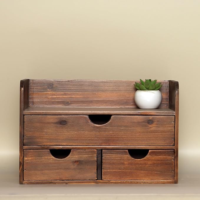 Vintage Rustic Brown Wooden 3 Drawer with Shelf Office Desk Organizer & Mail Rack For Desktop,Box for Office Home Toiletries Supplies Vanity, No Assembly Required (Brown)