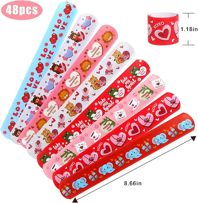 CCINEE 48PCS Valentine's Day Slap Bracelets, Assorted Heart Animal Printed Slap Wristbands Valentine Cartoon Snap Bands for Kids School Classroom Exchange Gifts Party Favor
