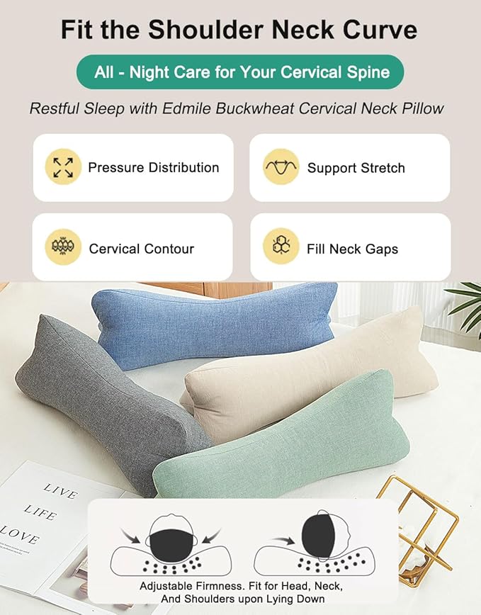 Buckwheat Pillow Neck Roll Bolster, Buckwheat Hulls Filling Neck Support Pillows, Adjustable Firmness Neck Pain Relief for Back Sleepers, Breathable Comfortable Covers, Grey 15 X 5 Inches