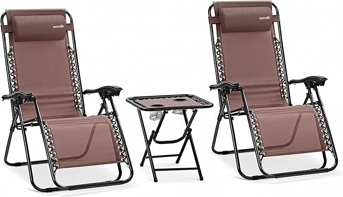 SereneLife Outdoor Zero Gravity Lounge Chair Set with Table – 2 Adjustable Recliners with Cup Holders, Headrest, Steel Frame & Foldable Design for Patio, Pool, Garden, or Camping