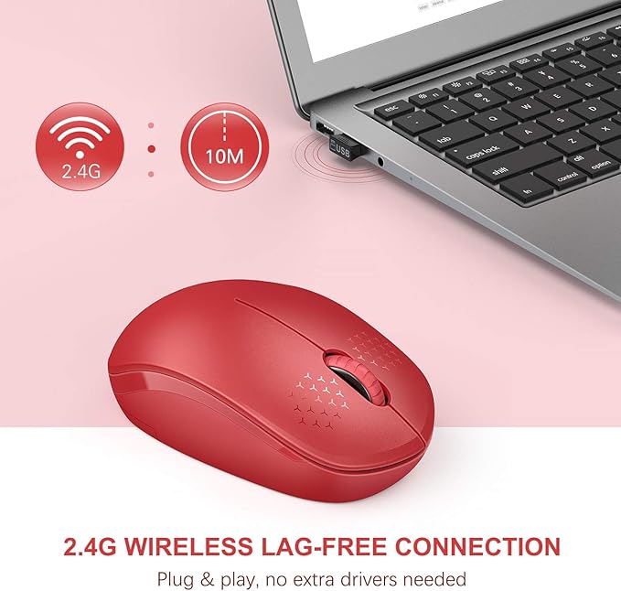 seenda Wireless Mouse, 2.4G Noiseless Mouse with USB Receiver Portable Computer Mice for Windows PC, Notebook, Laptop - Red