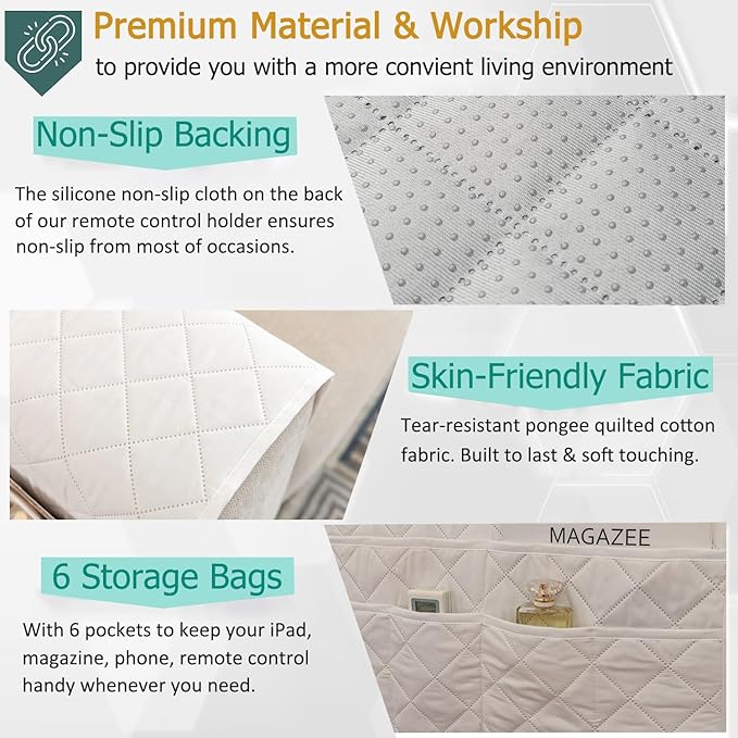 Armchair Caddy Remote Control Holder Sofa Organizer, Non-Slip Couch Arm Chair Caddy with 6 Pockets for Tablets,Smart Phone,Books,Pens,Magazines,Ipad (Off-White)