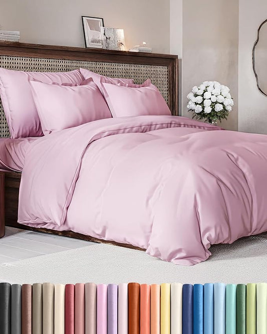 Duvet Cover Cal King Size Set - Extra Soft Cal King Size Duvet Cover 104 x 98 with 2 Pillow Shams - Hotel Luxury Easy Care and Fade Free w/Zipper Closures & Ties - Breathable Bedding Set (Light Pink)