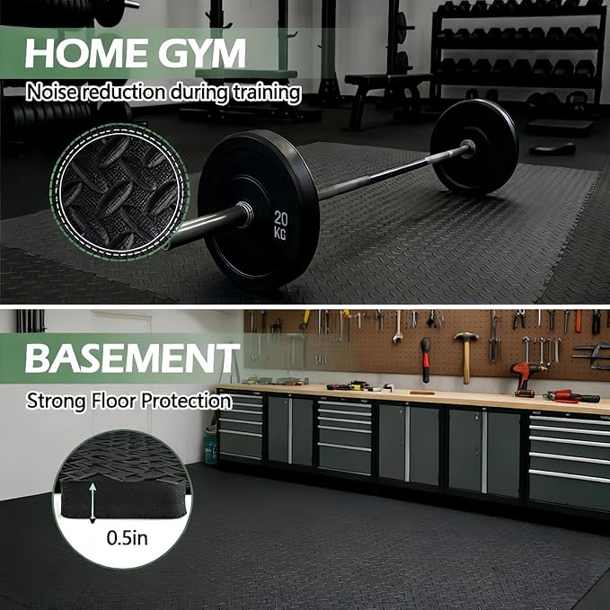 24 Sq Ft (6 Tiles) Interlocking Exercise Mats, EVA Foam Gym Floor Tiles for Home Gym, Yoga, Kids Playroom, Non-Slip Protective Flooring