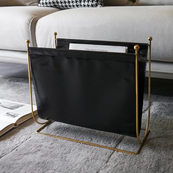 lesermoorer Black Leatherette Magazine Rack Holder, with Metal Ball Bracket,Modern Fashion Style for Books,Newspapers,Home Staging,Bedroom,Hotel,Offices and Living Rooms