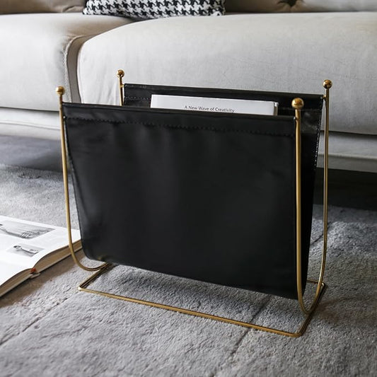 lesermoorer Black Leatherette Magazine Rack Holder, with Metal Ball Bracket,Modern Fashion Style for Books,Newspapers,Home Staging,Bedroom,Hotel,Offices and Living Rooms