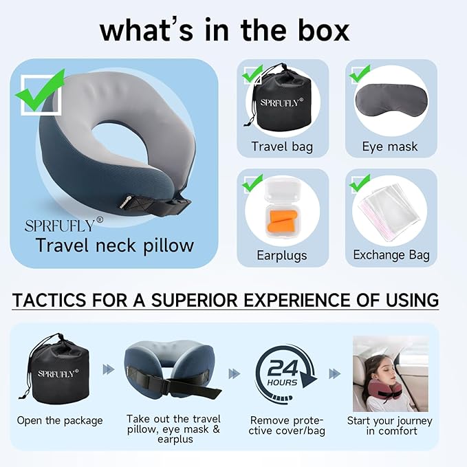 SPRFUFLY Soft Travel Pillow, 100% Memory Airplane Pillow with Sleep Mask and Ear Plugs, Breathable Removable Cover & Ergonomic Design - Essentials Neck Pillow for Airplane, Office & Home Use