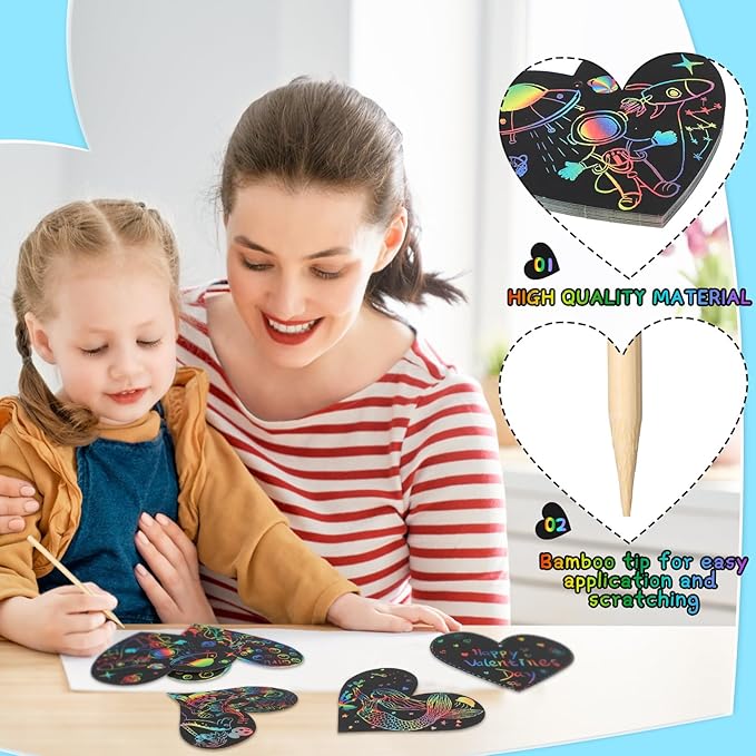 120 Pieces Valentines Day Craft Bulk for Kids Heart Scratch Paper Art with Rainbow Colors Valentine Scratch Cards,120 Heart Cards,120 Scratch Sticks,120 Ribbons, 20 Stickers