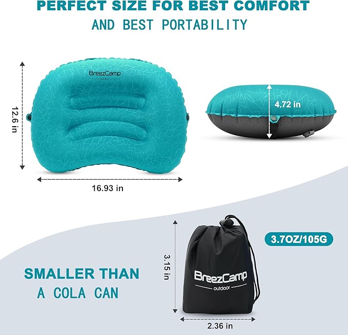 BreezCamp Inflatable Camping Pillow, Travel Blow Up Air Pillow, Neck Lumbar Support Ultralight Compact Pillow for Outdoor Hiking Backpacking Car Beach Airplane Sleeping Essentials, Peacock Blue