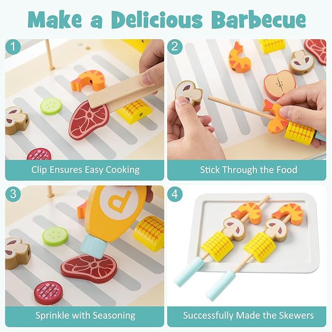 INFANS Kids Grill Playset, Wooden Pretend BBQ Toy Set with 21 Food Accessories, Role Play Kitchen Cooking Set Gift for Toddlers Boys Girls Age 3+