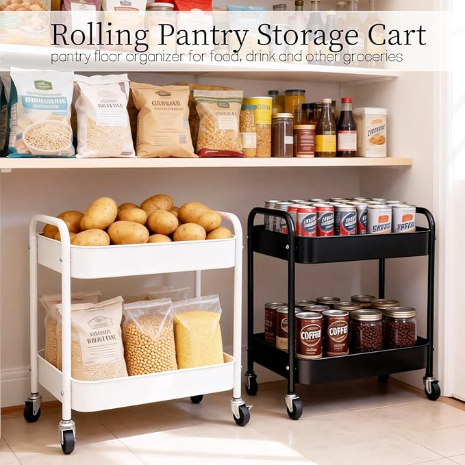 Ufriandz Under Desk Storage Cart 2 Tier Utility Rolling Cart with Wheels, Small Metal Mobile Trolley with Handle Two Tiered Utility Organizer Roller for Kitchen Office Bathroom Pantry Room, White