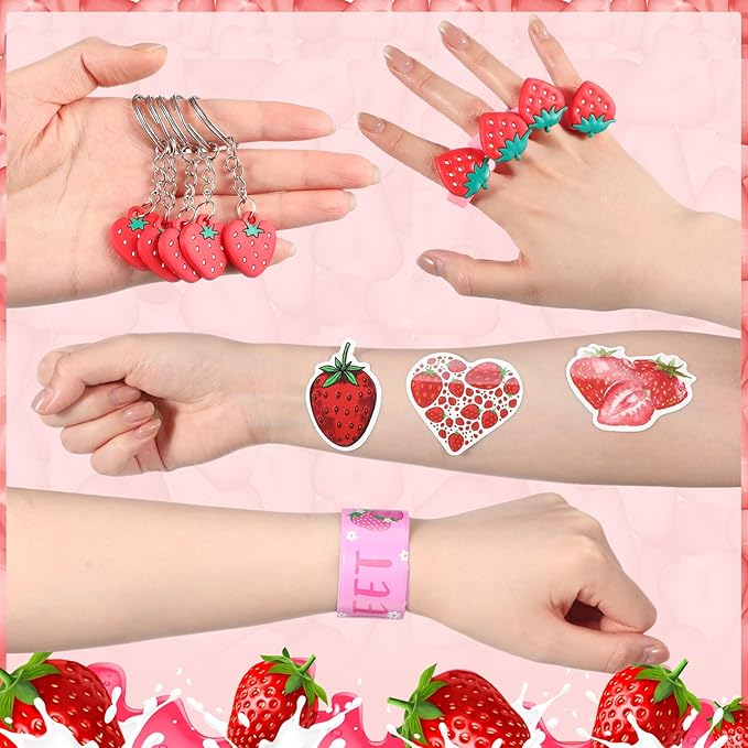 Blosssound 170 Pcs Strawberry Party Favors Set Strawberry Pendant Necklace Hair Rope Gripping Clips Bracelets Keychains Pinch Ball Stickers for Girls Baby Shower Birthday Party Decorations Supplies