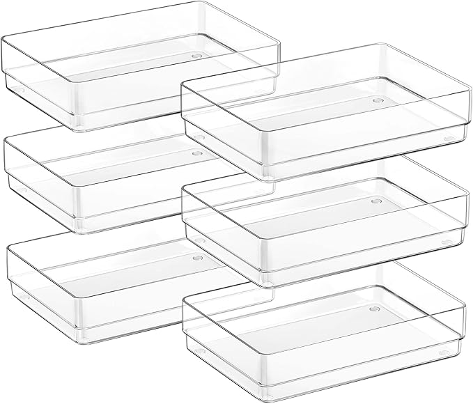 SMARTAKE 6 PCS Clear Plastic Drawer Organizers Set, Large Size Non-Slip Desk Drawer Organizer, Versatile Bathroom and Vanity Drawer Organizer Trays for Makeup, Bedroom, Office, Kitchen Utensils