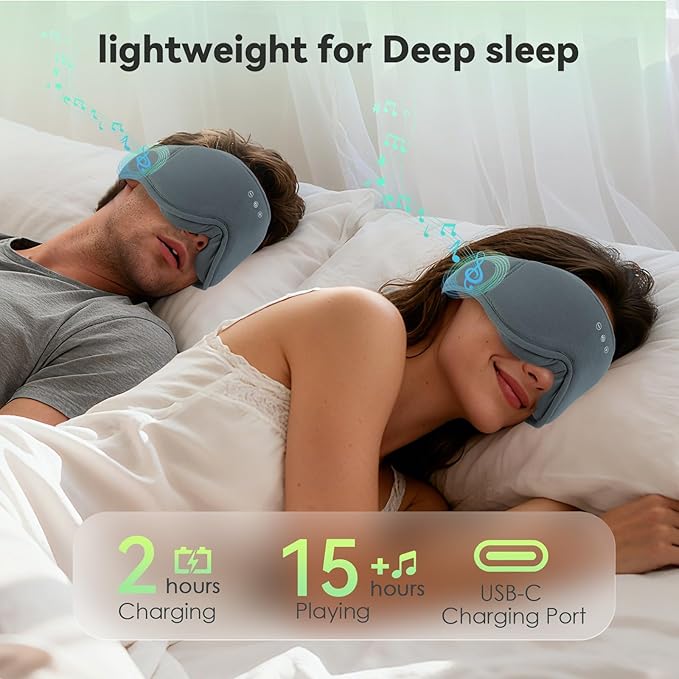 BeMyLady 3D Bamboo Cotton Sleep Mask with Bluetooth 5.4 Headphone, Music Wireless Bluetooth Blackout Eye Mask for Side Sleepers, Earphones HD Speaker Microphone for Travel, Gifts for Women Men, Grey
