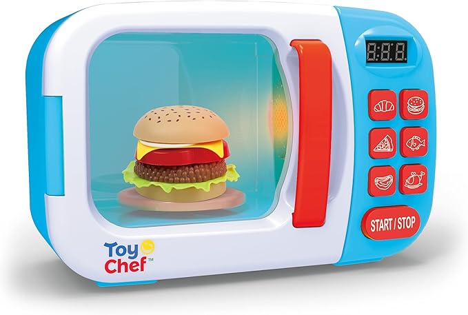 Kids Microwave Oven Toy, Pretend Play Kitchen, Electronic Bright Colored Microwave with Lights and Toy Food