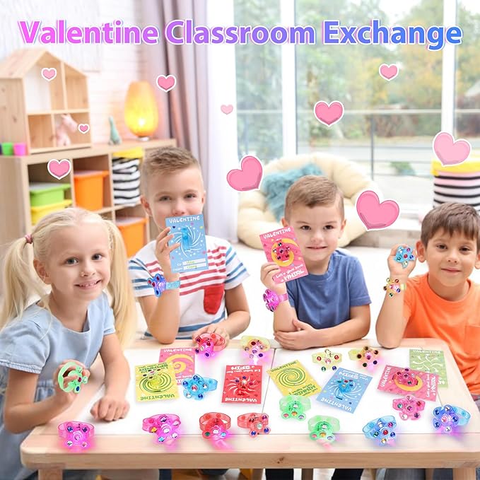 25 Pack Valentines Day Gifts for Kids, LED Light Up Fidget Spinner Bracelets with Valentines Day Cards for Kids Classroom Exchange School Prizes Valentine Party Favors Gifts for Boys Girls 3 4 5 6 7+