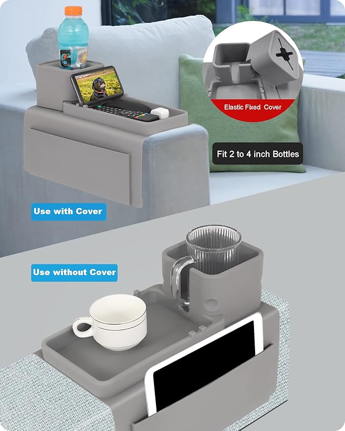 Silicone Couch Cup Holder, VIENFUT Anti-Spill and Anti-Slip Sofa Armrest Tray, Dirt-Resistant Silicone Couch Arm Tray for Remote, Snacks, Cellphone and iPad, Gift for Family, Friend (Gray)