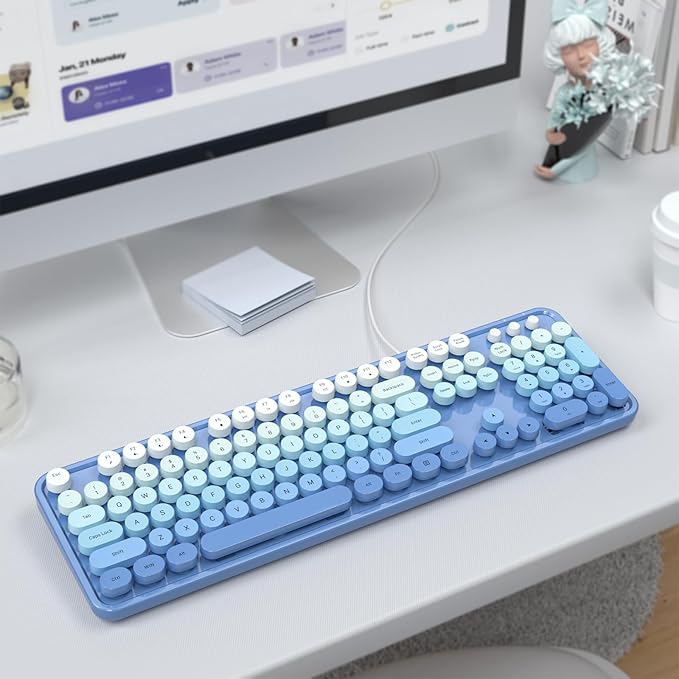 USB Wired Computer Keyboard - Retro Typewriter Style Full Size Office Keyboard with Number Pad, Caps Indicators, Foldable Stands, for PC Laptop Desktop Windows (Blue)