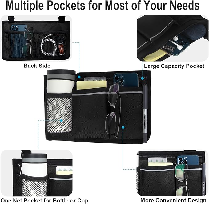 Wheelchair Side Bag, Wheelchair Armrest Storage Pouch with Cup Holder Use of Waterproof Fabric, for Most Wheelchairs, Walkers or Rollators (Black)