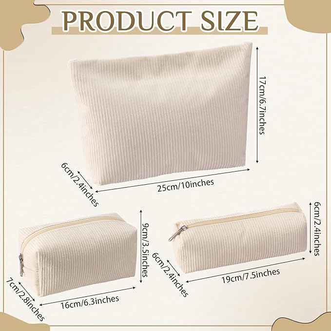 Huhumy 3 Pcs Makeup Bag Set for Women Corduroy Cosmetic Pouch Aesthetic Smile Travel Toiletry Bag Cute Purse Pouch Pencil Case Makeup Brushes Storage Organizer for Valentine(White,Solid Style)