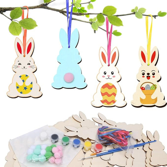 24 Pack Wooden Easter Bunny Craft for Kids Make You Own Easter Rabbit Hanging Ornaments DIY Easter Art and Craft for Girls Boys Art Project Easter Gifts Easter Decoration