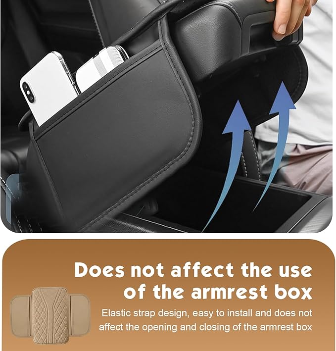 Arwrilt Car Center Console Cover, Leather Automotive Armrest Cushion with 2 Storage Bags, Breathable Armrest Cover, Universal Waterproof Arm Rest Protection Pad for SUV, Sedan, Truck (Beige)