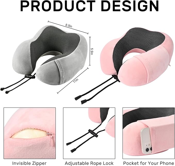 urnexttour Neck Pillow Airplane-2 Pack Memory Foam Travel Pillow, Soft Support Travel Neck Pillow for Travelling, Sleeping Rest, Car, Train and Home Use (Grey&Pink)