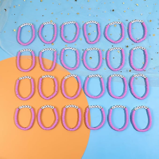 24 Pcs Cheerleader Gifts for Girls Handmade Friendship Bracelets for Teen Girls Stretch Cheer Bracelets Y2k Cheer Stuff Stackable Clay Bead Bracelets Bulk Teens Birthday Christmas Party Favors