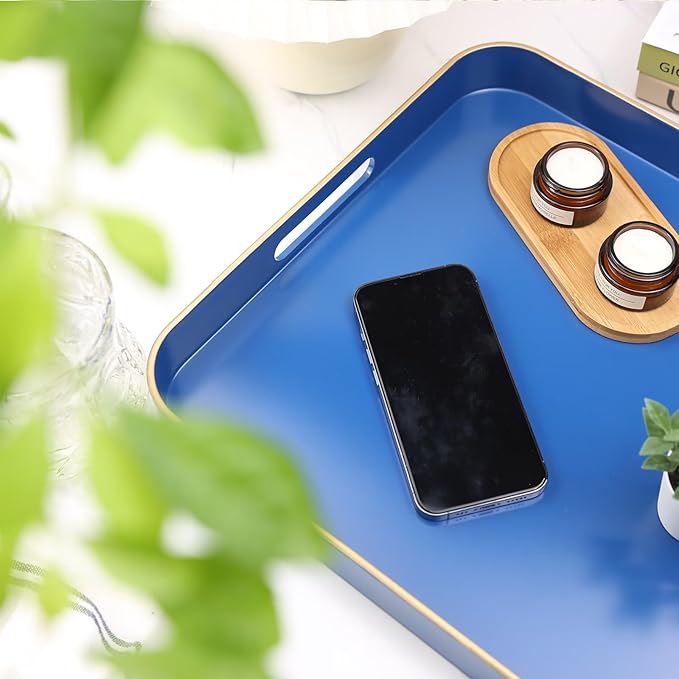 Omuriko Royal Blue Square Decorative Tray with Handles, 13"*13" Versatile Serving Tray for Coffee Table, Ottoman, Ideal for Serving, Displaying, Organizing