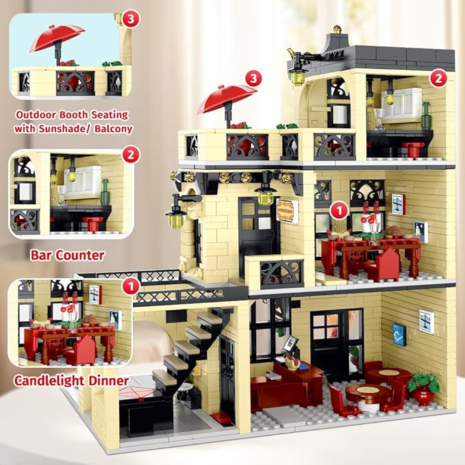 City Restaurant Architecture Building Kit with LED Lights, 3 Levels Restaurant Building Blocks 1489 Pcs City Street View Building Toys Modular House Building Blocks Set for Adult Teen Kids 14+