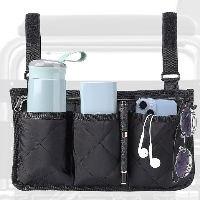 Noverlife 2 Pack Lengthened Wheelchair Side Organizer Bags, Detachable Band Wheelchair Armrest Storage Pouch for Walker, Rollator Bag Wheelchair Pouch Side Pocket Storage Bag for Electric Wheelchairs