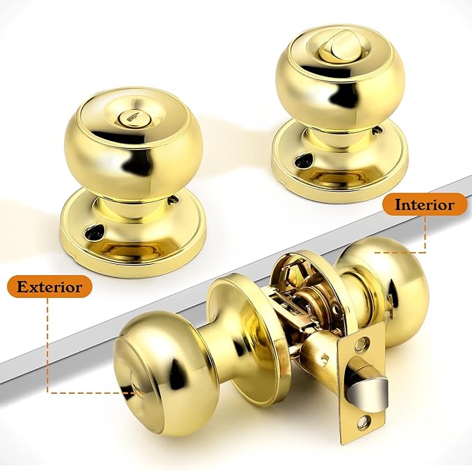 Probrico Gold Interior Door Knobs for Bedroom Bathroom, Polished Brass Privacy Door Knob Keyless Door Lock with Round Ball Knob, 8 Pack