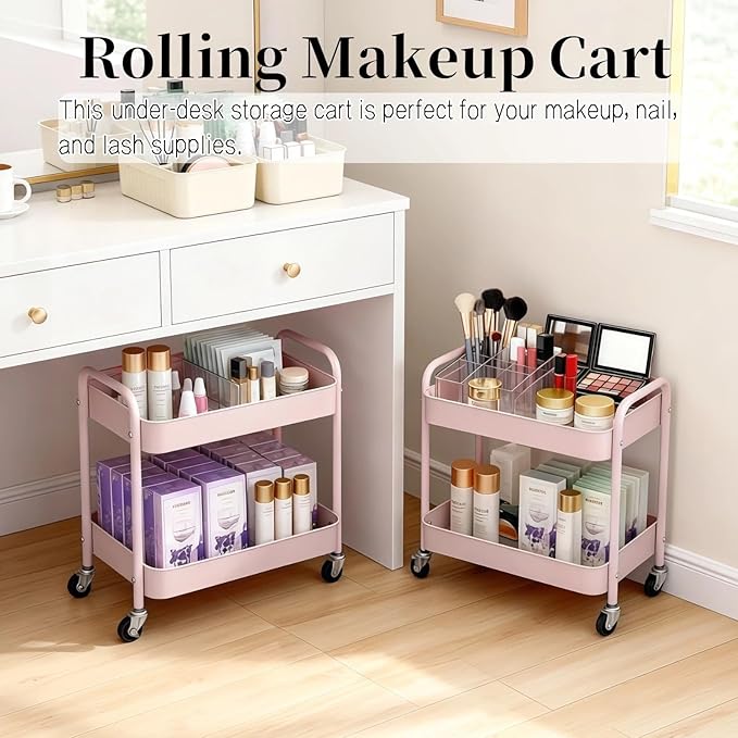 LIWNYRK 2 Tier Pink Rolling Cart with Wheels for Under Desk Storage, Large Capacity Rolling Pantry & Kitchen Storage Cart for Small Space, Sturdy Metal Bathroom Shelf Laundry Room Organization