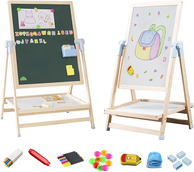 Adena Montessori Art Easel for Kids, 2 in 1 Adjustable Wooden Standing Art Easel & Toys Table Montessori Learning Furniture for 3-8 Years Old Children