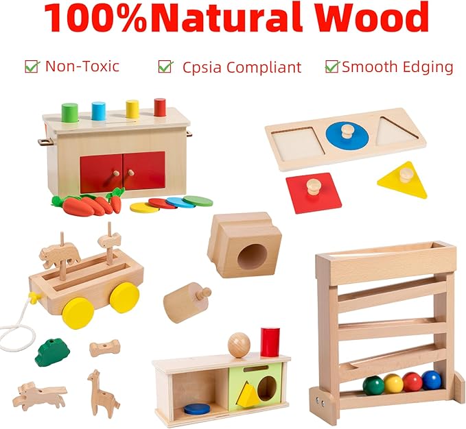 Adena Montessori Play Kit for 11-12 Months Baby,7 in 1 Learning Educational Toys for Toddler,Include Multi-Shapes Puzzle,Ball Tracker,Wooden Shapes Drop and More,Christmas Birthday Gift for Boys Girl
