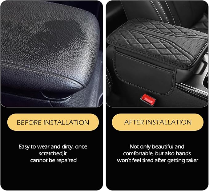 Bawkars Car Center Console Cover, Leather Vehicle Armrest Protector Cushion with 2 Side Storage Bags, Auto Breathable Middle Interior Accessories, Universal for SUV, Sedan, Truck (Black)