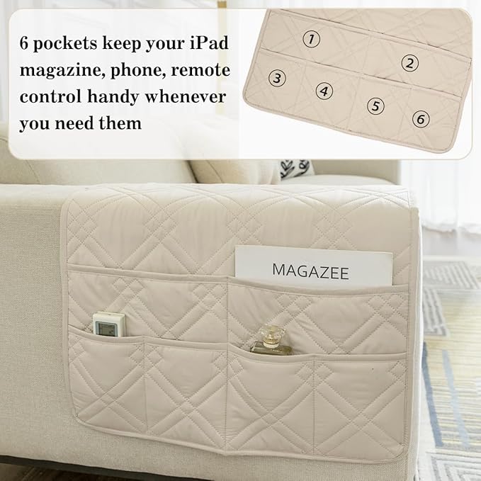 Couch Armrest Organizer Remote Control Holder Bedside Caddy with 6 Pockets, Non-Slip Armchair Caddy Sofa Armrest Organizer for Tv Remote Control, Magazine, Cell Phone, Beige