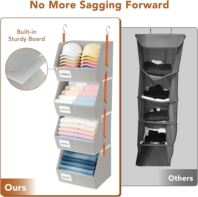 4 Pcs Modular Closet Organizer - Detachable & Foldable Hanging Storage Cubes, 88L Total Capacity, Heavy Duty Fabric Shelves for Wardrobe, Closet Organization, RV, Dorm, Grey