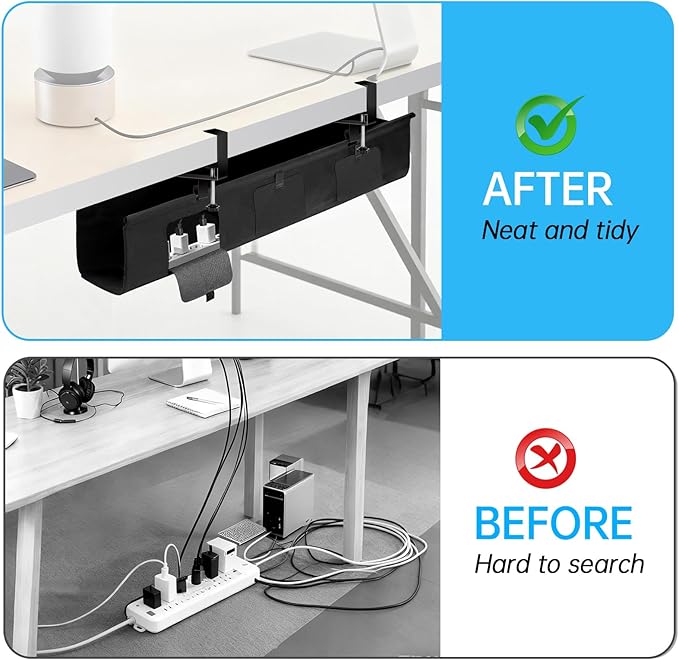 Inefticism Under Desk Cable Management Tray, 36-inch No-Drill Standing Desk Cable Organizer, Fabric Tray for Power Strips, Adapters & Cables - Black