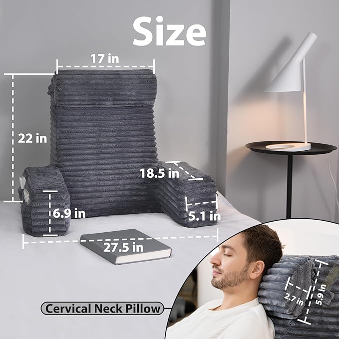 ENITYA 22" XL Back Pillow for Bed Sitting Up, Reading Pillow with Built-in Arms, Soft Back Support Chair, Ideal for Watching TV, Gaming, Nursing, Resting, Post Surgery, Dark Grey