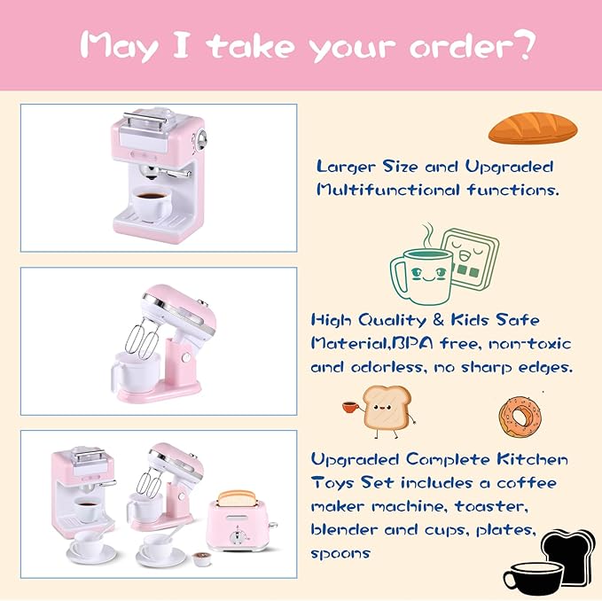 Ehome Play Kitchen Toys Kids Kitchen Accessories Pretend Play Kitchen Appliances Toy Set with Coffee Maker, Mixer, Toaster for Kids Toddler Kitchen Playset Ages 4 5 6 7 8 Girls
