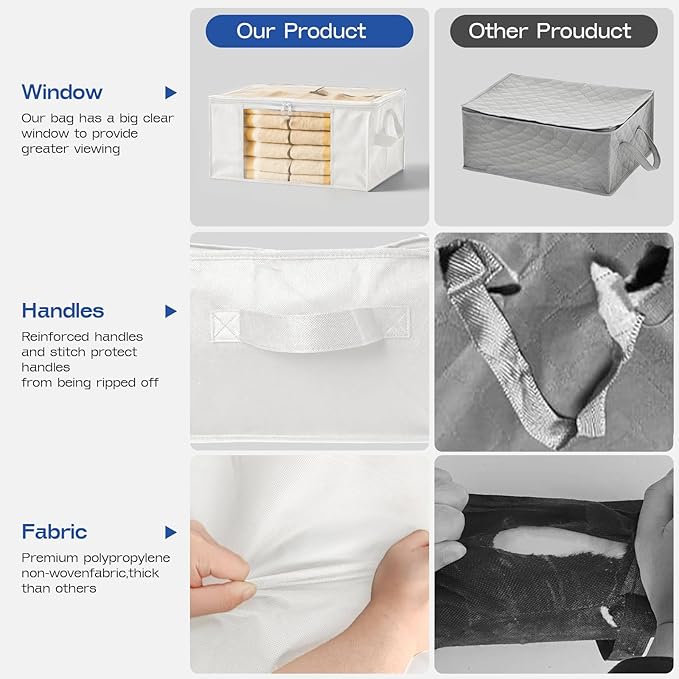 Clothes Storage Bags, Foldable Thick Fabric Blanket Storage Bags, Large Clear Window & Carry Handles, Great for Clothes, Blankets, Closets, Pillows, Toys (White, 6PACK)