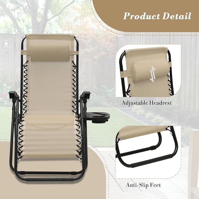 Athena Collection Zero Gravity Outdoor Lounge Chair Set of 2 with Side Table, 25" Width Pool Lounge Lawn Chairs Reclining with Cup Holder, Outdoor Chaise for Beach Patio Backyard Outside, Beige