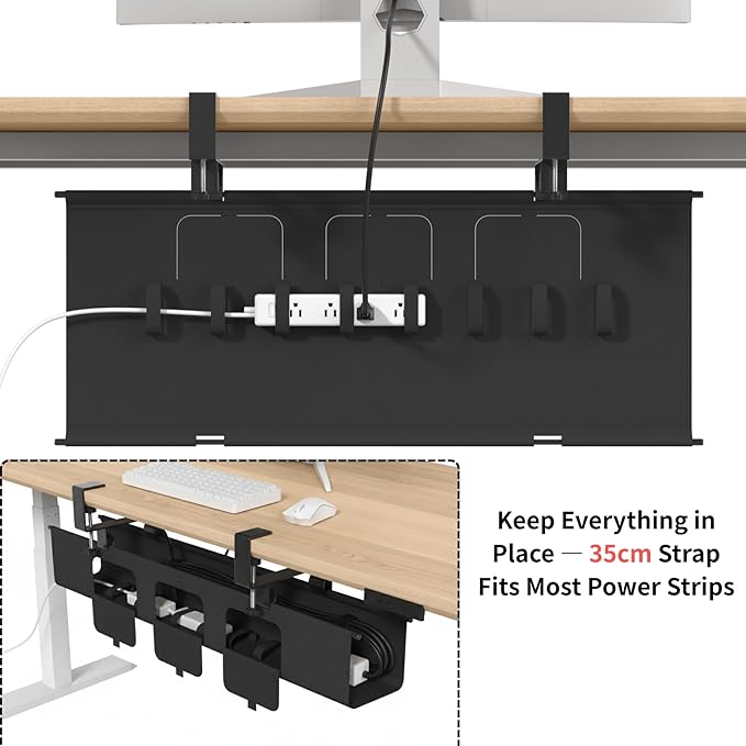 Under Desk Cable Management Tray, 36” Cord Organizer for Desk Clamp Mount, Heavy Duty Fabric Wire Management for Office Home