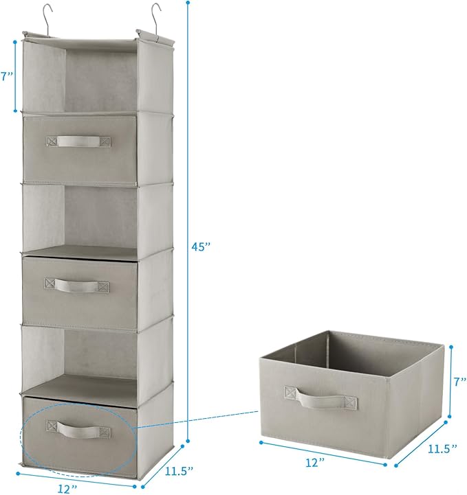 MAX Houser 6 Tier Shelf Hanging Closet Organizer, Closet Hanging Shelf with 2 Sturdy Hooks for Storage, Foldable (Light Grey-D3)