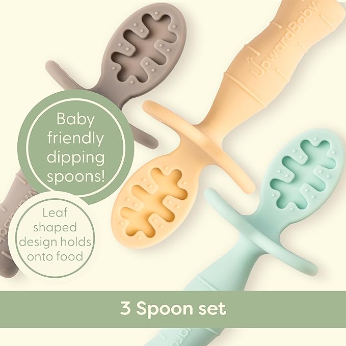 Upward Baby Spoons Self Feeding 6+ Months - 3 Pack, Chewable Toddler Utensils with Anti Choke Barrier, Baby Feeding Essentials, Baby Spoons 4 months, Silicone Baby Spoons, Red White Blue